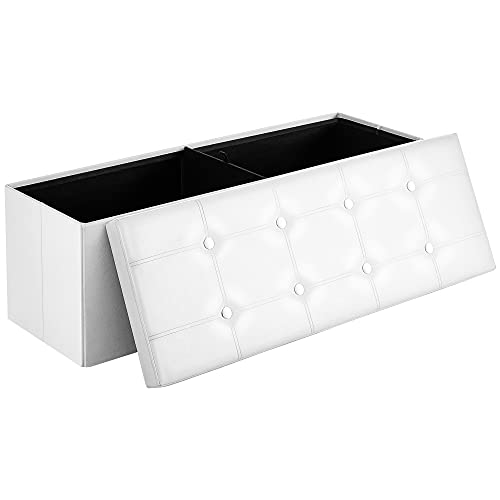 Songmics Baúl Puff - Taburete para almacenaje, Plegable Carga máxima de 300 kg, Blanco, 110 x 38 x 38 cm