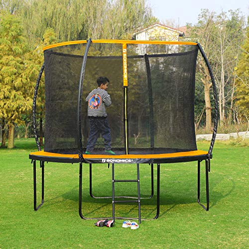 SONGMICS Cama elástica de jardín, Trampolín Redondo de 305 cm, con Red de Seguridad, Escalera, Postes de Arco Acolchado, Prueba de Seguridad TÜV Rheinland, Negro y Naranja STR102O01