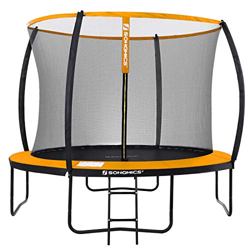 SONGMICS Cama elástica de jardín, Trampolín Redondo de 305 cm, con Red de Seguridad, Escalera, Postes de Arco Acolchado, Prueba de Seguridad TÜV Rheinland, Negro y Naranja STR102O01