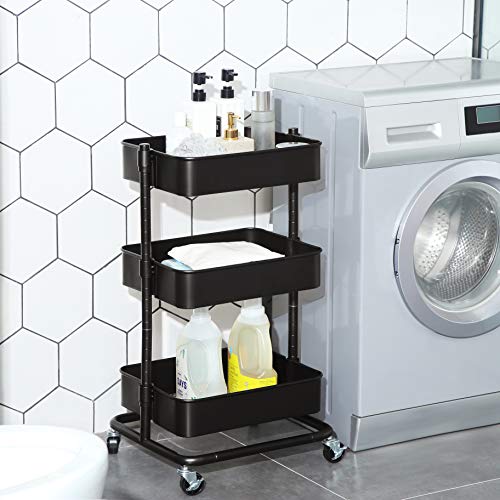 SONGMICS Carro de Almacenamiento de 3 Niveles, Estantería con Ruedas, con Estantes Ajustables en Altura, con 2 Frenos, Montaje Sencillo, para Baño, Cocina, Oficina, Negro BSC60B