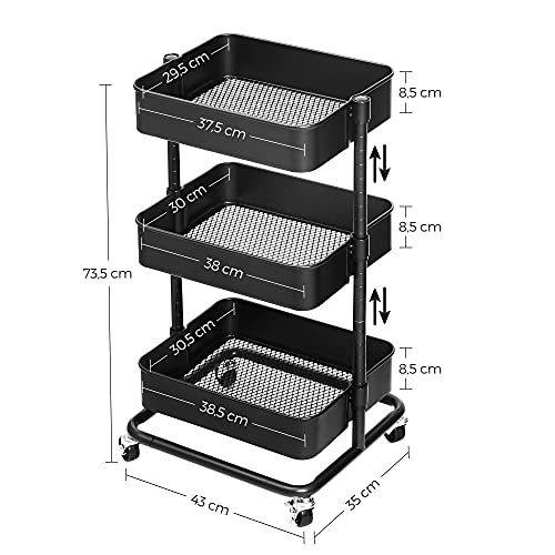 SONGMICS Carro de Almacenamiento de 3 Niveles, Estantería con Ruedas, con Estantes Ajustables en Altura, con 2 Frenos, Montaje Sencillo, para Baño, Cocina, Oficina, Negro BSC60B