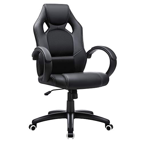 SONGMICS Racing Silla de Escritorio de Oficina Ergonómica Regulable con Ruedas, OBG56B, Negro