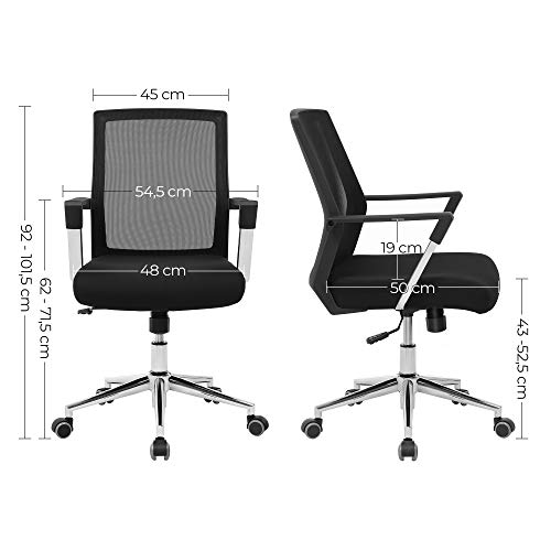 SONGMICS Silla de Escritorio Giratoria, Silla de Oficina de Malla, Ajuste de Altura y Función de Inclinación, Carga de 110 kg, para Oficina en Casa, Estudio, Negro OBN83B