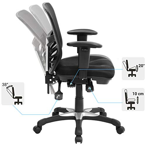 SONGMICS Silla de Oficina ergonómica, Silla de Escritorio, Ajustables Apoyabrazos, Soporte lumbar, Altura del Respaldo Ajustable, Inclinación del respaldo y bloqueo de posición, Negro OBN52BK