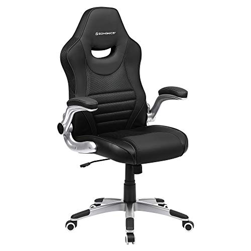 SONGMICS Silla de Oficina giratoria, Silla ergonómica, con apoyabrazos abatibles, Base de Estrella de nylón, Carga máxima de 150 kg, Negro OBG63BK