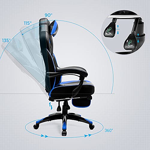 SONGMICS Silla Gaming, Silla de Oficina, para Carreras, con Reposapiés, Diseño Ergonómico, Reposacabezas Ajustable, Soporte Lumbar, Carga de 150 kg, Azul y Negro OBG77BU