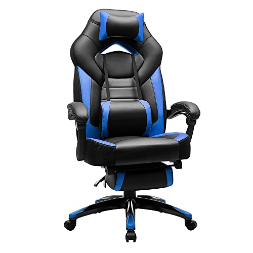 SONGMICS Silla Gaming, Silla de Oficina, para Carreras, con Reposapiés, Diseño Ergonómico, Reposacabezas Ajustable, Soporte Lumbar, Carga de 150 kg, Azul y Negro OBG77BU