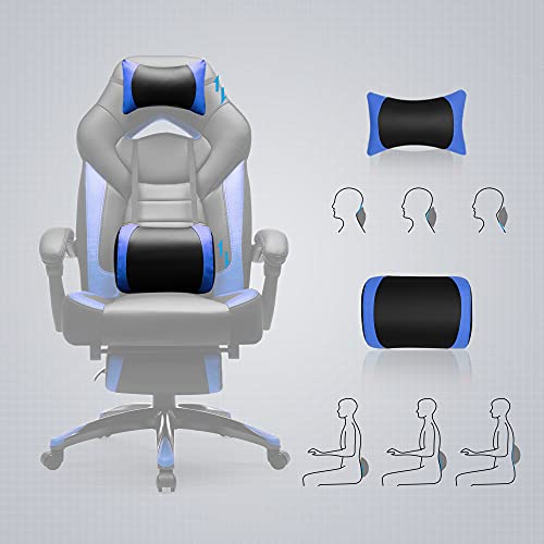 SONGMICS Silla Gaming, Silla de Oficina, para Carreras, con Reposapiés, Diseño Ergonómico, Reposacabezas Ajustable, Soporte Lumbar, Carga de 150 kg, Azul y Negro OBG77BU