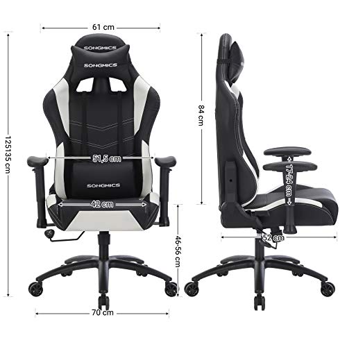 SONGMICS Silla Gaming, Silla Racing, Silla de Juegos, Altura Ajustable, con Apoyacabezas y Cojín Lumbar, Ángulo de Inclinación de 135 Grados, Cuero Sintético, Negro y Blanco RCG12W