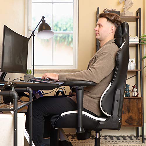 SONGMICS Silla Gaming, Silla Racing, Silla de Juegos, Altura Ajustable, con Apoyacabezas y Cojín Lumbar, Ángulo de Inclinación de 135 Grados, Cuero Sintético, Negro y Blanco RCG12W