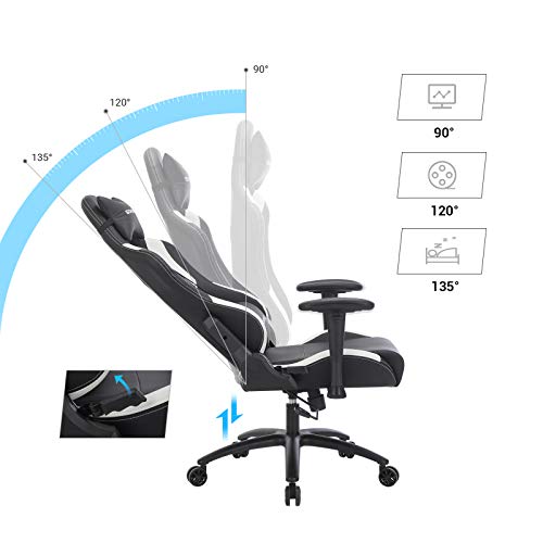 SONGMICS Silla Gaming, Silla Racing, Silla de Juegos, Altura Ajustable, con Apoyacabezas y Cojín Lumbar, Ángulo de Inclinación de 135 Grados, Cuero Sintético, Negro y Blanco RCG12W