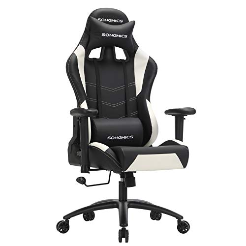 SONGMICS Silla Gaming, Silla Racing, Silla de Juegos, Altura Ajustable, con Apoyacabezas y Cojín Lumbar, Ángulo de Inclinación de 135 Grados, Cuero Sintético, Negro y Blanco RCG12W