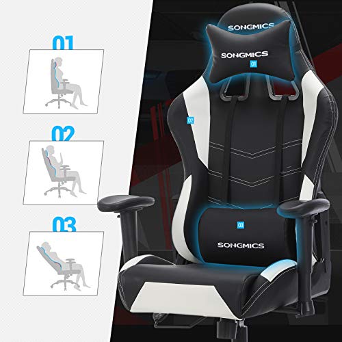 SONGMICS Silla Gaming, Silla Racing, Silla de Juegos, Altura Ajustable, con Apoyacabezas y Cojín Lumbar, Ángulo de Inclinación de 135 Grados, Cuero Sintético, Negro y Blanco RCG12W