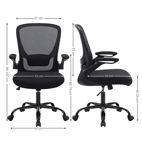 SONGMICS Silla Malla Ergonómica, Silla Oficina con Soporte Lumbar, Silla Giratoria con Apoyabrazos Ajustables, Silla Escritorio Ergonomica para Personas Sedentarias, Silla Estudio, OBN37BK