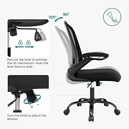 SONGMICS Silla Malla Ergonómica, Silla Oficina con Soporte Lumbar, Silla Giratoria con Apoyabrazos Ajustables, Silla Escritorio Ergonomica para Personas Sedentarias, Silla Estudio, OBN37BK