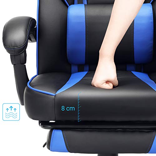 SONGMICS Silla Oficina, Silla Racing Ergonómica, con Reposapiés Telescópico, Respaldo Ajustable, Reposacabezas y Soporte Lumbar, Capacidad de Carga de 150 kg, Negro y Azul OBG073B04