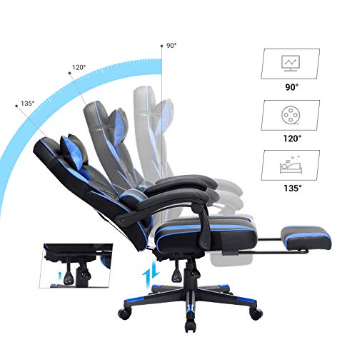 SONGMICS Silla Oficina, Silla Racing Ergonómica, con Reposapiés Telescópico, Respaldo Ajustable, Reposacabezas y Soporte Lumbar, Capacidad de Carga de 150 kg, Negro y Azul OBG073B04