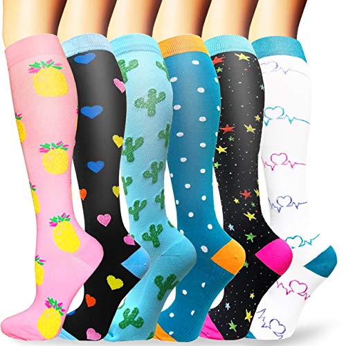 Sooverki Calcetines de compresión para Mujeres y Hombres 20-25 mmHg es el Mejor Graduado atlético, Correr, Volar, Viajar, Enfermeras 01-Multicolor-6 Pares L/XL