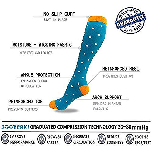 Sooverki Calcetines de compresión para Mujeres y Hombres 20-25 mmHg es el Mejor Graduado atlético, Correr, Volar, Viajar, Enfermeras 01-Multicolor-6 Pares S/M