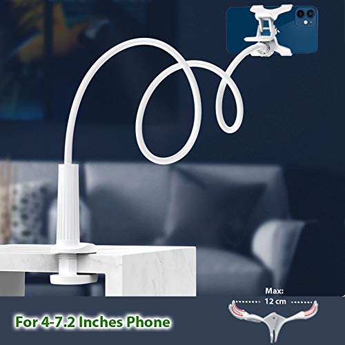 Soporte para Móvil Universal Brazo Cuello de Cisne Largo Articulado Ideal Cama Flexible 360º Smartphone Teléfono 4 a 6,5 Pulgadas Compatible con Todas Las Marcas de móvil (Blanco)