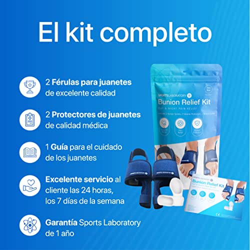 Sports Laboratory Set Corrector de Juanetes Ajustable - Kit Día/Noche - Alivia el Dolor y Protege - 2 Férulas para Juanetes, 2 Correctores Gel Dedo Gordo y 1 Guía sobre Alivio del Dolor