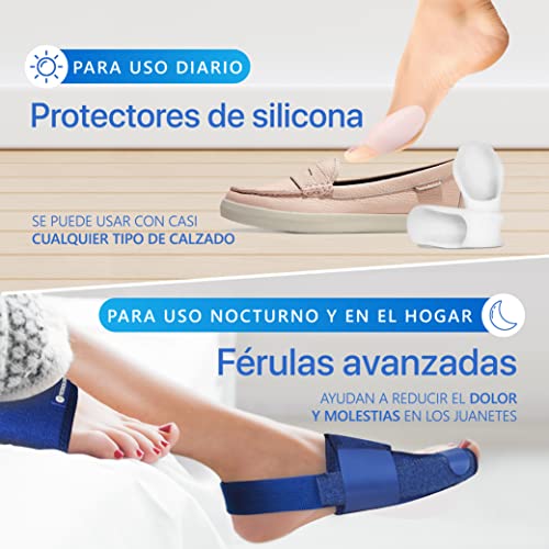 Sports Laboratory Set Corrector de Juanetes Ajustable - Kit Día/Noche - Alivia el Dolor y Protege - 2 Férulas para Juanetes, 2 Correctores Gel Dedo Gordo y 1 Guía sobre Alivio del Dolor