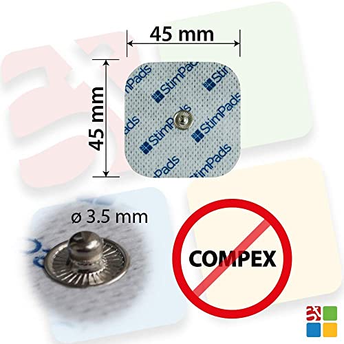 StimPads, 45X45mm, ECO-PACK de 12 unidades de alto rendimiento, electrodos TENS - EMS de larga duración con conector universal tipo snap de 3.5mm