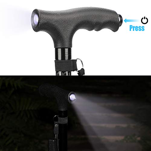 SueH Design Bastón Plegable para Hombres y Mujeres con Luz LED y 11 Alturas Ajustables | Bastón Portátil para Personas Mayores con Asa Lateral Plegable, Negro