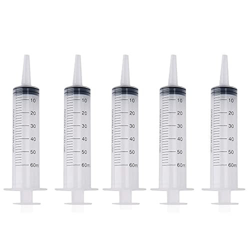 Sumedtec 5pcs Jeringuillas de plástico 50-60ml, Jeringa de Jardín, Jeringas Desechables, Ideal para Laboratorios Científicos, Medición, Riego, Relleno, Filtración, Múltiples Usos, sin Aguja