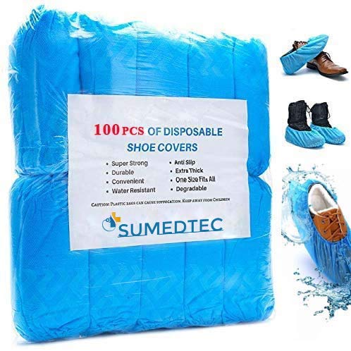 Sumedtec - Pack 100 x Calzas Cubrezapatos Desechables Impermeables Antideslizante Cubiertas de Plástico CPE, Protector de Zapatos Desechables Extrafuerte Talla única