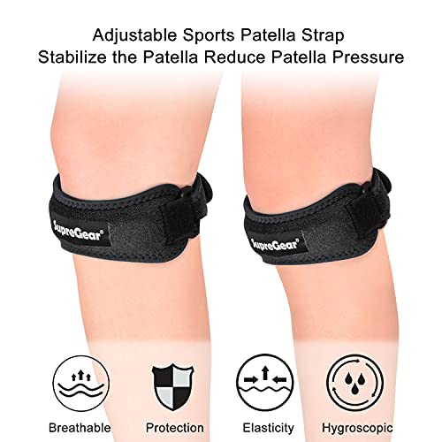 supregear Rodillera (2 Piezas), Correa de Soporte Ajustable para el Tendón Rotuliano con Silicona, Correa de Soporte para la Rodilla, Ideal para Correr Baloncesto Voleibol, Negro