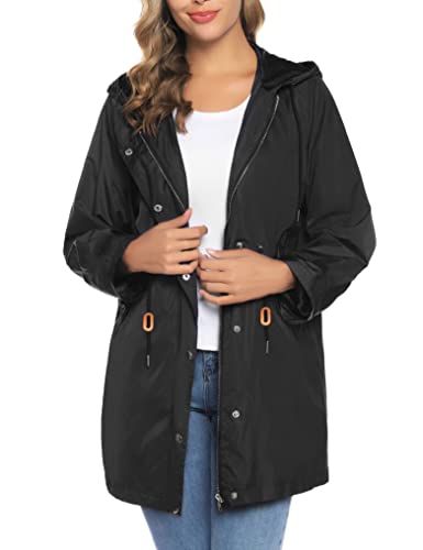 Sykooria Chaqueta Impermeable Mujer Abrigos Impermeables para Mujer con Capucha Chaqueta de Lluvia con Cremallera de Manga Larga Cortavientos Impermeable Mujer Chubasqueros Largo Mujer