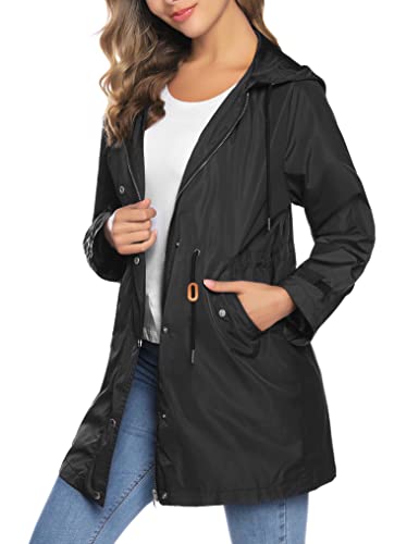 Sykooria Chaqueta Impermeable Mujer Abrigos Impermeables para Mujer con Capucha Chaqueta de Lluvia con Cremallera de Manga Larga Cortavientos Impermeable Mujer Chubasqueros Largo Mujer