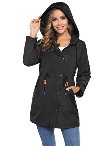 Sykooria Chaqueta Impermeable Mujer Abrigos Impermeables para Mujer con Capucha Chaqueta de Lluvia con Cremallera de Manga Larga Cortavientos Impermeable Mujer Chubasqueros Largo Mujer