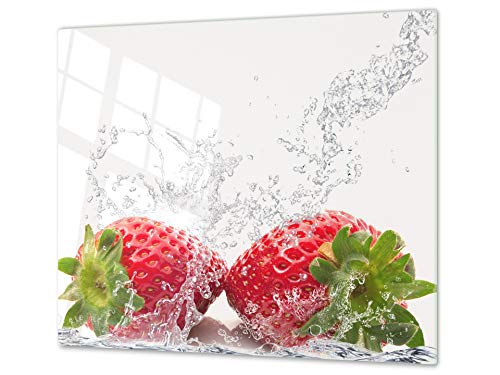 Tabla de cocina de vidrio templado - Tabla de cortar de cristal resistente – Cubre Vitro Decorativo – UNA PIEZA (60 x 52 cm) o DOS PIEZAS (30 x 52 cm); D07 Frutas y verduras: Fresa 30