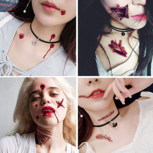 Tatuajes Temporales de Halloween 30 pcs Pegatina de Terror Cicatrices de Zombies Tatuajes Costra Falsa Sangre Disfraz Especial Collar Rojo Sangrante (R1)