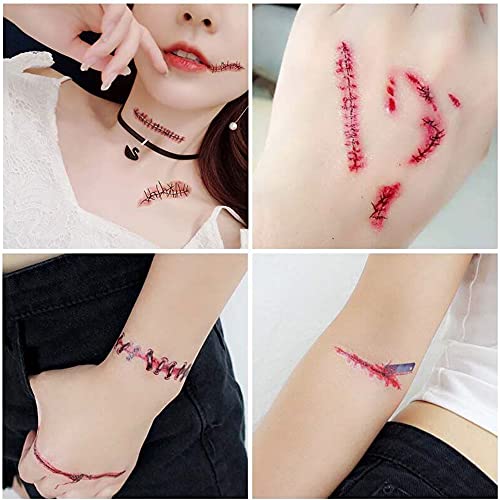 Tatuajes Temporales de Halloween 30 pcs Pegatina de Terror Cicatrices de Zombies Tatuajes Costra Falsa Sangre Disfraz Especial Collar Rojo Sangrante (R1)