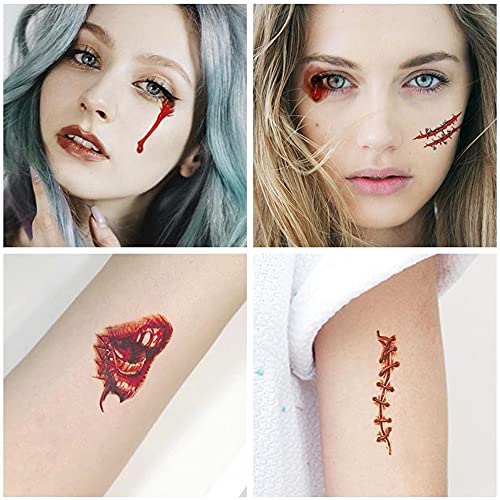 Tatuajes Temporales de Halloween 30 pcs Pegatina de Terror Cicatrices de Zombies Tatuajes Costra Falsa Sangre Disfraz Especial Collar Rojo Sangrante (R1)