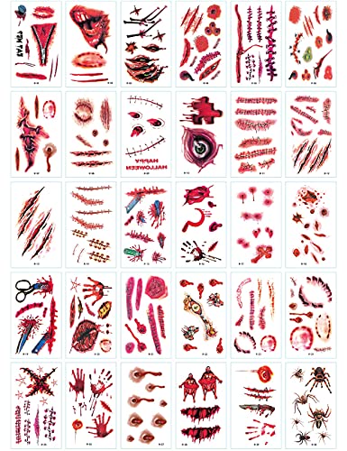 Tatuajes Temporales de Halloween 30 pcs Pegatina de Terror Cicatrices de Zombies Tatuajes Costra Falsa Sangre Disfraz Especial Collar Rojo Sangrante (R1)