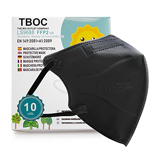 TBOC Mascarillas FFP2 [Pack 10 Unidades] Máscaras Desechables de Tamaño Pequeño [Color Negro] Cinco Capas [No Reutilizables] Transpirables Plegables con Pinza Nasal [Certificadas y Homologadas]