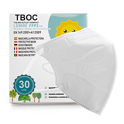 TBOC Mascarillas FFP2 [Pack 30 Unidades] Máscaras Desechables de Tamaño Pequeño [Color Blanco] Cinco Capas [No Reutilizables] Transpirables Plegables con Pinza Nasal [Certificadas y Homologadas]