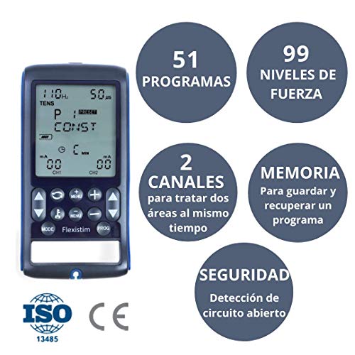 TensCare Flexistim - Electroestimulador Completo con 4 terapias: EMS, Tens, Ift y Microcorriente. Dispositivo pequeño Pero potente, con mas de 50 programas