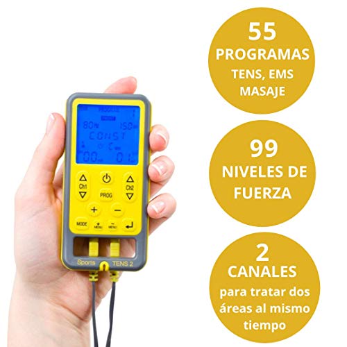 Tenscare Sports Tens 2+ Paquete de 12 Electrodos - Dispositivo de electroestimulación con Masaje, TENS, EMS y programas manuales. Para alivio del dolor, tonificación y relajación muscular.