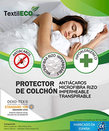 TextilECO Cubre Colchon. Protector de Colchon de Rizo y Poliuretano PU. Funda Colchon con Goma Elastica. Transpirable Antiacaros. Suave Comodo. Microrizo. Cama 140 x 190/200 cm