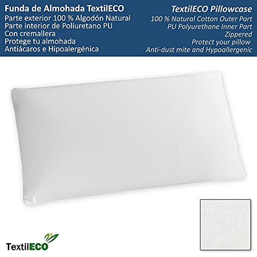 TextilECO Funda de Almohada. 100 % Algodon Natural Transpirable. Cremallera Lateral. Base Poliuretano PU Impermeable. Tacto Pluma Higienica Antiacaros Lavable. Respira. 105 cm