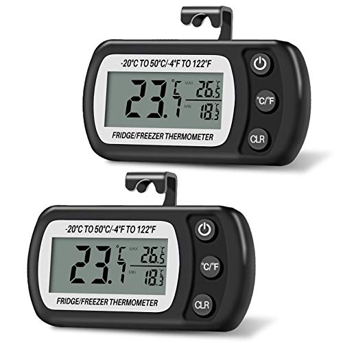 Thlevel Termómetro para Frigorífico Termómetro de Frigorífico Congelador Impermeable con Gancho, Pantalla LCD Fácil de Leer, Función de Registro Máximo/Mínimo (negro 2pcs)