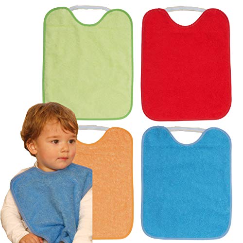 TI TIN Pack 4 Baberos Impermeables para Bebé con Cierre con Goma 90% Algodón - 10% Poliéster con Forro de Vinilo | Lote de 4 Baberos para Bebés de Más de 1 Año, 32x36 cm