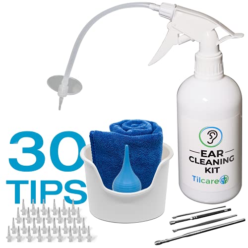 Tilcare Kit Limpiador de oídos Profesional – Sistema de lavado de oídos – Kit de limpieza para oídos perfectos – Incluye lavabo, jeringa, kit curetas, toalla y 30 puntas desechables