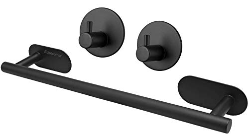 Toallero de Baño Adhesivo Sin Taladro, Toalleros Baño Barra de Toalla de Baño de Acero Inoxidable con 2 Ganchos Autoadhesivos (40 cm, Negro)