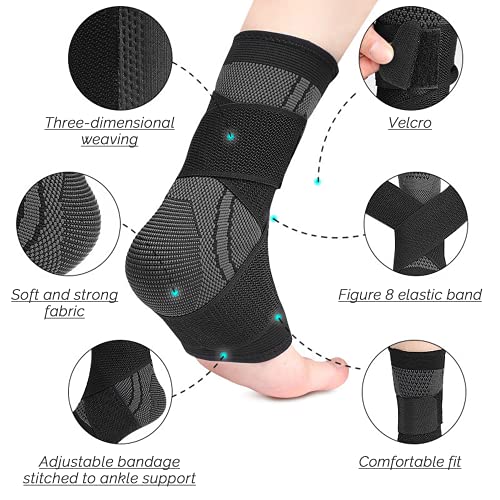 TOFBS Tobillera de 1 par, soporte de compresión ajustable para hombres y mujeres, soporte de tendón de Aquiles y fascitis plantar, estabiliza los ligamentos, dolor de tobillo esguince (negro)